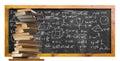 high stack of books on the background of a blackboard covered with various mathematical expressions Royalty Free Stock Photo