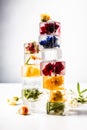 high stack of different ice cubes with flowers inside on a white background Royalty Free Stock Photo