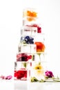 high stack of different ice cubes with flowers inside on a white background Royalty Free Stock Photo