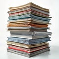 High stack of documents. Multicolored papers form tall pile. Looks like big workload archive. Files various colors, sizes. Office Royalty Free Stock Photo