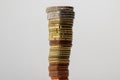 High stack of euro coins stacked on top of each other from smaller to larger. The concept of monetary value growth, currency