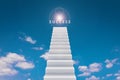 High of stair and success on top sky background competition concept. Road to successful or victory goal on stairway. Realistic 3D