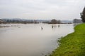 The high state of the Rhine in western Germany, water has risen from the riverbed.