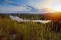 Grass on picturesque sunset, river Dniester at state border with Moldova, still water surface with clouds and trees reflections