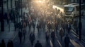 High street of fictional city with lots of people going at work in the morning. Beautiful sun light at the background.