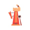 High striker attraction with big hammer, arrow with lights and muscular arm. Strength tester or strongman game