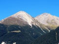 High swiss alpine peaks Piz Linard (2767 m) and Lenzerhorn (2906 m) above the river Albula or Alvra