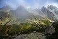 High Tatras, Velka Studena valley, Slovakia: view on Ostry peak, Strelecka veza, Zlta veza and prostredny hrot in fog.