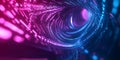 A high-tech abstract background with a fusion of digital geometric structures and holographic neon