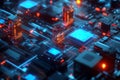 A high-tech abstract visualization of blockchain security, featuring interconnected glowing cubes,