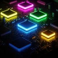 Glowing Circuit Board with Neon Processors Royalty Free Stock Photo