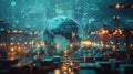 A high-tech advertising banner showing a globe surrounded by various logistic elements like cranes, containers, and Royalty Free Stock Photo