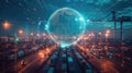 A high-tech advertising banner showing a globe surrounded by various logistic elements like cranes, containers, and Royalty Free Stock Photo
