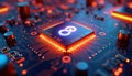 High-tech AI circuit board with glowing colorful lights shows advanced tech. Processor chip with infinity symbol shines brightly.