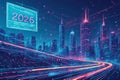 Interconnected Data Flows Over Modern City Skyline with 2026 Interface Highlight â AI Generated Royalty Free Stock Photo