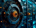 A high-tech AI locksmith server running key-generating algorithms, set against imposing vault doors with intricate locking