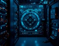 A high-tech AI locksmith server running key-generating algorithms, set against imposing vault doors with intricate locking