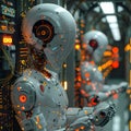 High-Tech AI Robot Assembling Complex Devices in Modern Lab Environment - Stock Photo