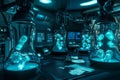 A high-tech alien laboratory 3D background room with floating transparent stasis chambers, strange Royalty Free Stock Photo