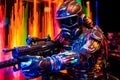 A paintball player emerges as a striking embodiment of neon chrome style