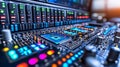 High tech audio mixing console with glowing sliders, illuminated controls, and colorful LED lights, showcasing advanced sound e