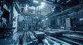 High-tech automated factory floor with advanced robotics and machinery