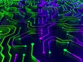 Futuristic circuit board with glowing digital lines symbolizes technology and connectivity. Royalty Free Stock Photo