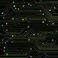 High-tech background of green color from a computer board with LEDs and luminous neon connectors. Computer circuit. A large electr Royalty Free Stock Photo