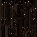 High-tech background of orange color from a computer board with LEDs and luminous neon connectors. Computer circuit. A large elect Royalty Free Stock Photo