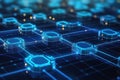 High-tech blockchain concept showcasing interconnected network nodes with glowing blue layers in a futuristic digital