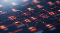High tech blockchain network with illuminated orange and black grids visualizing secure digital connections and futuristic data