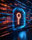 High tech blue digital lock icon glowing in futuristic data stream background representing advanced cybersecurity encrypted