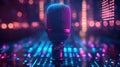 A high-tech broadcasting microphone with dynamic waveforms, and neon blue and purple lights Royalty Free Stock Photo