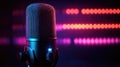A high-tech broadcasting microphone with dynamic waveforms, and neon blue and purple lights Royalty Free Stock Photo