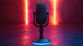 A high-tech broadcasting microphone with dynamic waveforms, and neon blue and purple lights. Podcasting Voice over and recording. Royalty Free Stock Photo