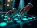 High-tech businessman using an interactive digital table screen to manage abstract data in a dark, sophisticated office Royalty Free Stock Photo
