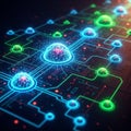 Futuristic circuit board with glowing nodes and digital connections Royalty Free Stock Photo