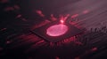 High-tech circuit board featuring a biometric fingerprint hologram in red light