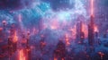 high-tech city where buildings are made of digital clouds, data streams connecting everything,