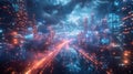 high-tech city where buildings are made of digital clouds, data streams connecting everything,