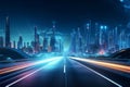 High tech cityscape with glowing roads in a midnight sci fi setting