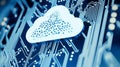 A high-tech cloud security system on a circuit board, emblematic of safeguarding data