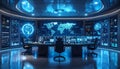 Futuristic Command Center with Global Data Displays Royalty Free Stock Photo