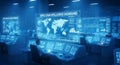High Tech Command Center With Global Data Displays And Analysts Working In Blue Toned Futuristic Environment Royalty Free Stock Photo