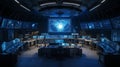 High-tech command center with large digital screens in futuristic design