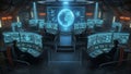 High- Tech Command Center with Multiple Monitors and a Central Globe Display control room futuristic Royalty Free Stock Photo