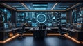 High-tech command center with multiple monitors and digital interfaces in a modern control room
