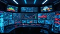 High-tech Command Center with Multiple Monitors Displaying Financial Data and Charts Royalty Free Stock Photo
