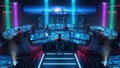 High- Tech Command Center with Multiple Monitors, Servers, and Technicians control room technology Royalty Free Stock Photo