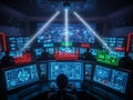 High- Tech Command Center with Multiple Screens Displaying City Data and Graphics control room technology Royalty Free Stock Photo